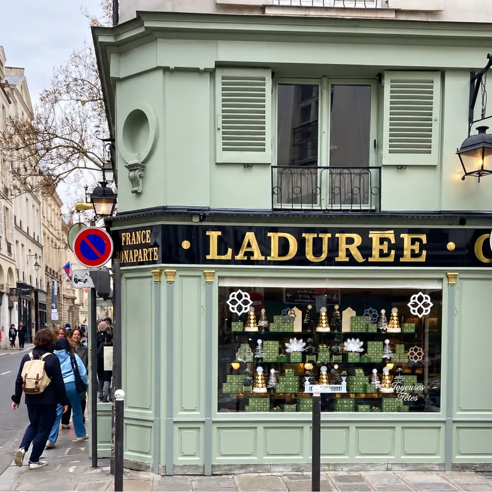 Boutique Ladurée rue Bonaparte à Paris : vitrine de Noël en vitrophanie, motifs floraux blancs et mise en scène des coffrets.