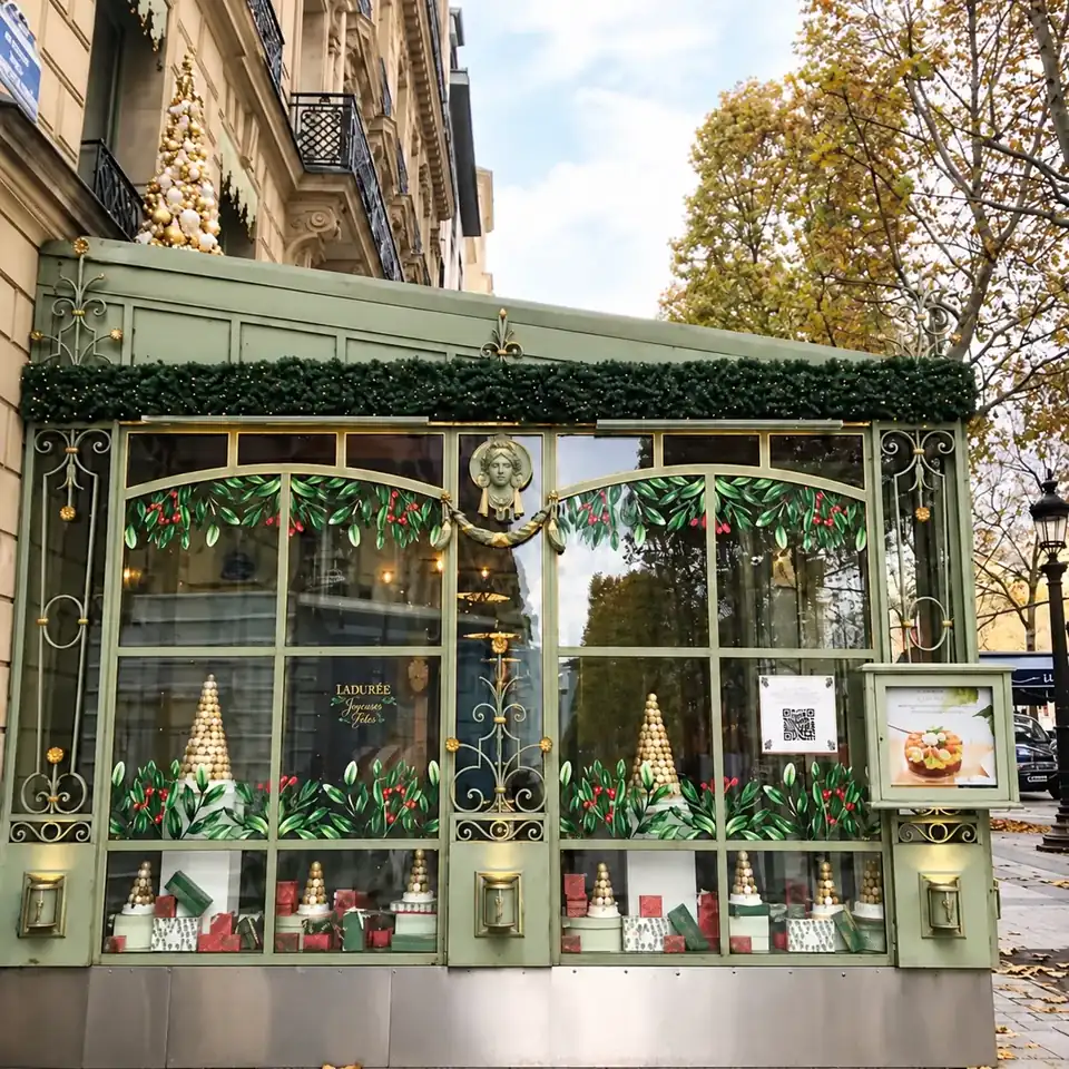 Vitrine Ladurée pour les fêtes : guirlandes de houx en vitrophanie sur les verrières, lettrage « Joyeuses Fêtes » et pyramides de macarons.